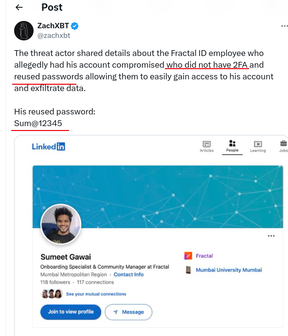 LefterisJP's tweet photo. Sum@12345

That's all it took for an attacker to gain access to plain text sensitive data and passport scans of over 50k of @Fractal_ID users

But sure let's blame the clumsy employee. Not the company whose lack of security practices allowed this to happen.

Shame on you fractal. https://t.co/e51r4U9L62