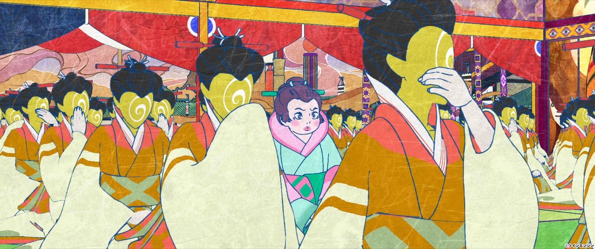 anime_mononoke's tweet photo. 💮『#劇場版モノノ怪 唐傘』ここも観て！💮

＊ぐるぐる顔
印象の強い”ぐるぐる”と渦を巻いた顔の女中たち。
これは「大奥に染まった」ことを示し、大奥のお勤めに励む女中たちを表しています。
黒は平静。
青は緊張。
黄は嘲笑。
緑は嫉妬、不安など。

#モノノ怪 https://t.co/EQUvbBLp4p