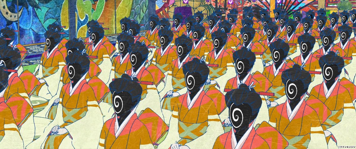 anime_mononoke's tweet photo. 💮『#劇場版モノノ怪 唐傘』ここも観て！💮

＊ぐるぐる顔
印象の強い”ぐるぐる”と渦を巻いた顔の女中たち。
これは「大奥に染まった」ことを示し、大奥のお勤めに励む女中たちを表しています。
黒は平静。
青は緊張。
黄は嘲笑。
緑は嫉妬、不安など。

#モノノ怪 https://t.co/EQUvbBLp4p