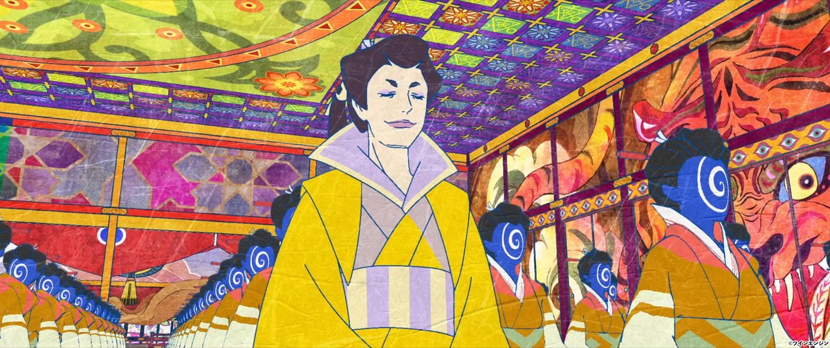 anime_mononoke's tweet photo. 💮『#劇場版モノノ怪 唐傘』ここも観て！💮

＊ぐるぐる顔
印象の強い”ぐるぐる”と渦を巻いた顔の女中たち。
これは「大奥に染まった」ことを示し、大奥のお勤めに励む女中たちを表しています。
黒は平静。
青は緊張。
黄は嘲笑。
緑は嫉妬、不安など。

#モノノ怪 https://t.co/EQUvbBLp4p