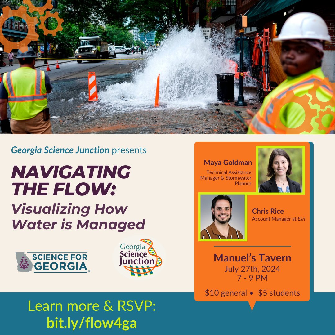 A week from today (Saturday), join us for July's GSJ all about the planning and global information systems of water infrastructure. Water you waiting for? RSVP at the link: bit.ly/flow4ga
