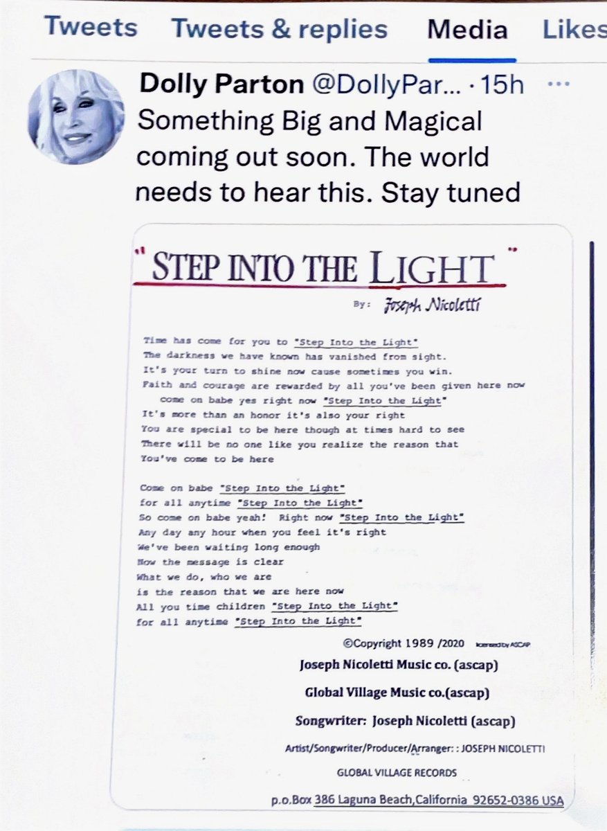 9Nicoletti's tweet photo. @RealJamesWoods I  Dedicate my Songs/Recordings "Step into the Light"-Love has come to Stay" &amp; "Soldiers Eyes" to Melania Trump, Her Smile said it All, music &amp; art Converge with History🙏Joseph Nicoletti Jr./Global Village Music(ascap)
Ph 949-692-0956 music-folm@att.net https://t.co/T6edtp3w8j