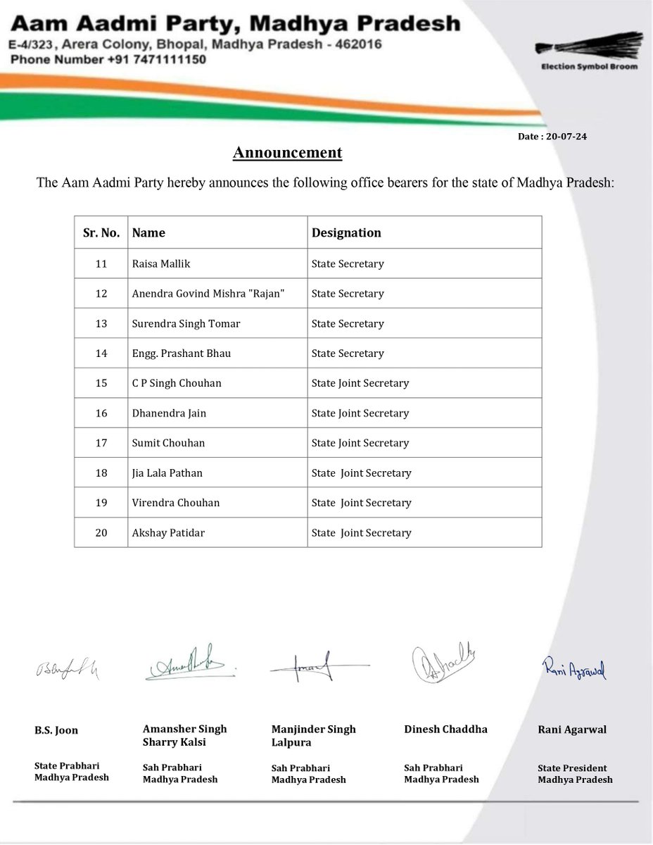 AAPMPOfficial's tweet photo. 📢Announcement 📢
The Party hereby announces the following office bearers for the state of Madhya Pradesh
Congratulations to all 💐 https://t.co/ke677vPcRa