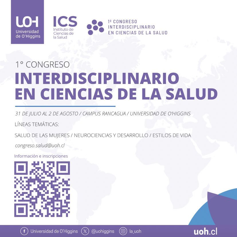 👉 Te invitamos a ser parte del 1° Congreso Interdisciplinario en Ciencias de la Salud que se realizará en la #UOH. Desde el 31 de julio al 2 de agosto conversaremos y analizaremos sobre #Neurociencia, #Salud en las #Mujeres, #EstilodeVida, entre otros. 

+ info en el QR 👀 👇