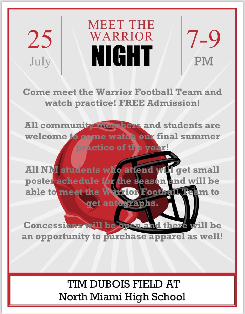 Warrior Community! Come on out to Meet the Warrior night this Thursday! Students get free schedules! Young warriors can come on the practice field and get autographs as well! See attached flyer! See you this Thursday!