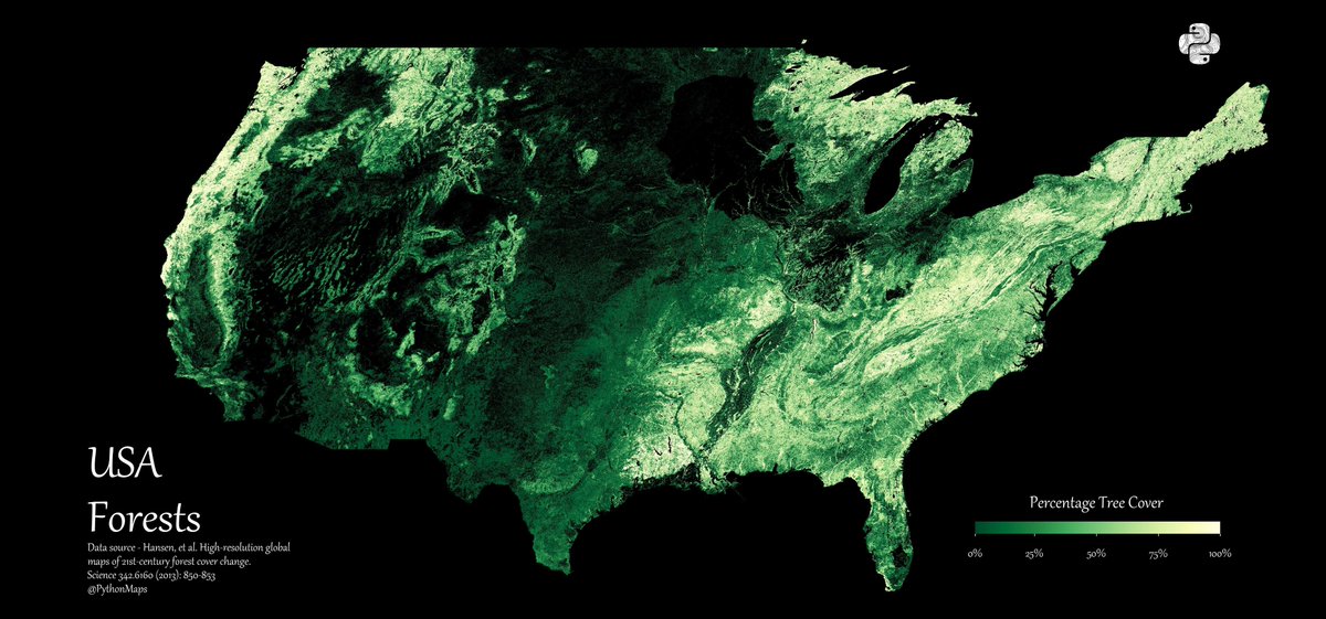 PythonMaps's tweet photo. Collection of maps showing the greatest country on earth. The USA. I am only showing the Contiguous United States. This thread will start with physical geography and work its way into human geography. 

Forests. 
1/14 https://t.co/8IsOTc1mfQ
