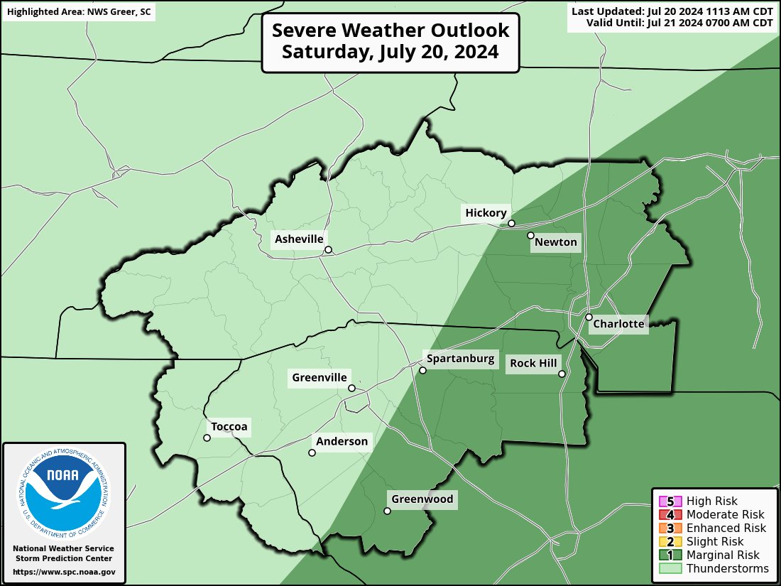NWSGSP's tweet image. ⛈️Isolated severe storms are most likely across the marginal risk area (darker shade of green) this afternoon and evening. 

💨The main hazard will be damaging wind gusts with any severe storm that develops.

 #ncwx #scwx #gawx