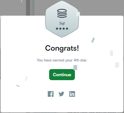 AkhileshGa64121's tweet image. Day 6 of #10DaysofSQL

👉 Solved question some questions on joins
👉 Solved lot of questions including functions like round, floor, power etc
👉 Reached 4 starts on hacker rank less go... 🎉

Let&apos;s connect if you are also interested in these stuff
#LetsGrowTogether