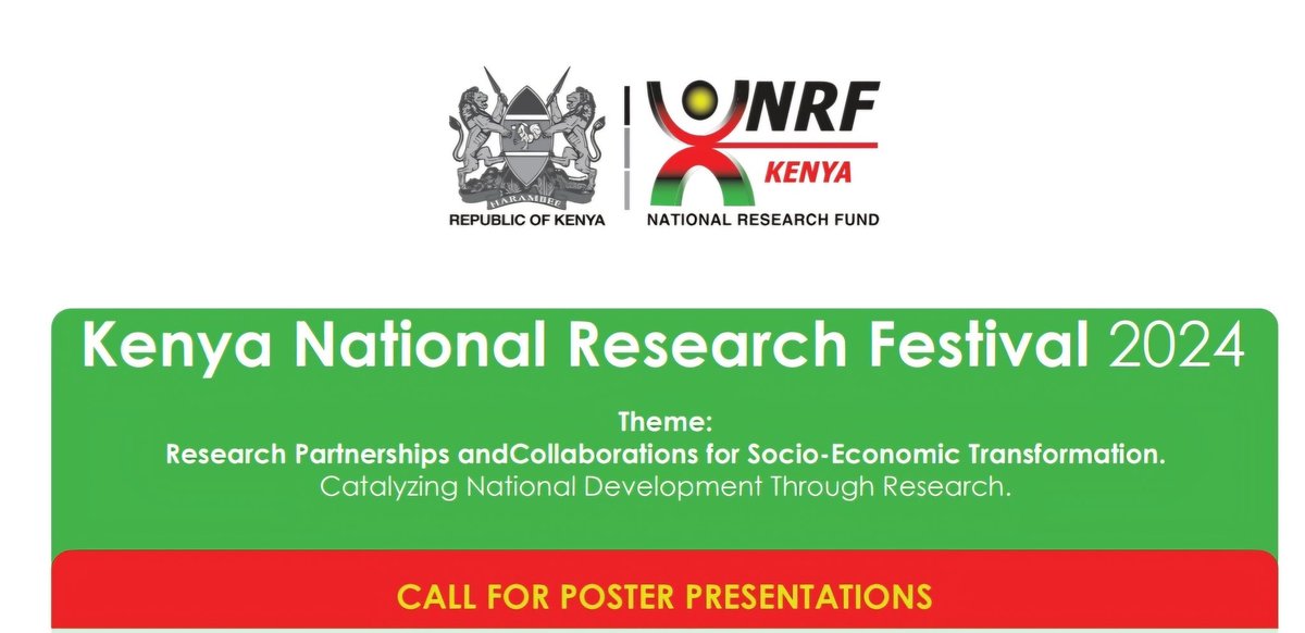 #CallforPosterPresentions. As we gear up to the Kenya National Research Festival 2024 #KNRF2024, we are calling on Kenyan researchers (TVET,Undergraduate, Graduate, postgraduate, postdocs, and lead researchers.) to submit abstracts and poster presentations.nrf.go.ke/kenya-national…
