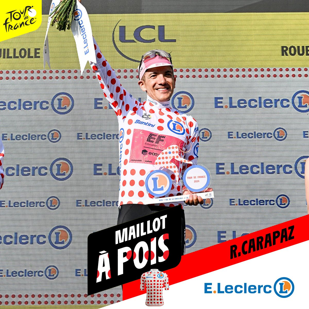 maillotapois's tweet photo. ⚪️🔴 Avec 127 points, 🇪🇨@RichardCarapazM s’est assuré de ne pas être dépassé. Il lui suffit de terminer l'étape de demain sans encombre pour remporter le classement de la montagne ! 💐⛰

#TDF2024 https://t.co/HqpTQmLJ24