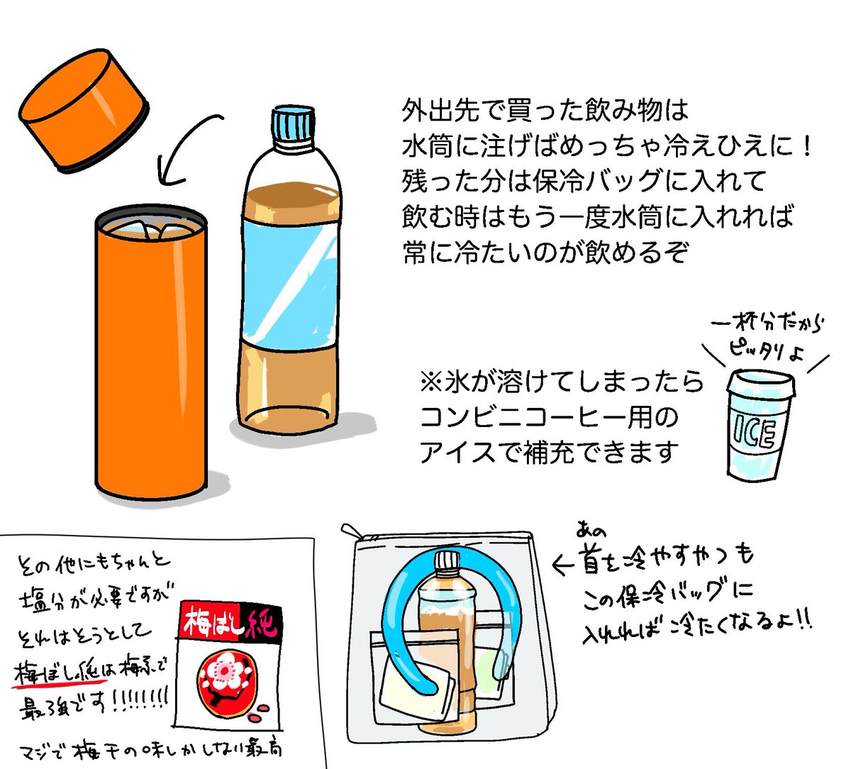 taroyznk's tweet photo. これから野外イベが増えるので、お勧めしたい少しでも体を冷やすセット。これ持って35℃の中昼前から外出したけど、帰宅後もタオルは冷えたままだし凍ペットの氷も健在でした！特に凍らせたタオルは重宝します。とにかく頭と首と掌を冷やそうね！
多少荷物は重くなるけど、積極的に命守ってこ！ https://t.co/Qxb8EnJmDK