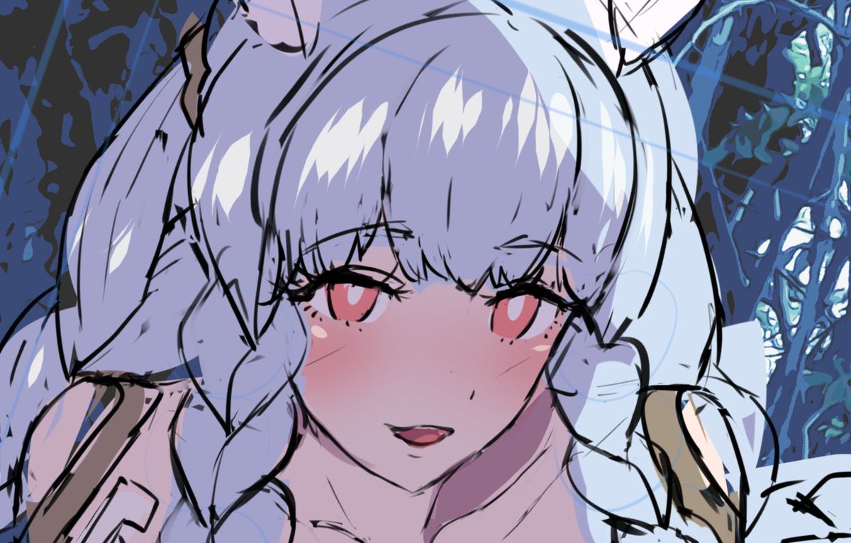 カラーラフちょっと進行。イメージ確認のために暫定的に入れている背景の木々は、世界樹で撮影したもの……ではなくて、近所の林で撮ったものを加工しています。 