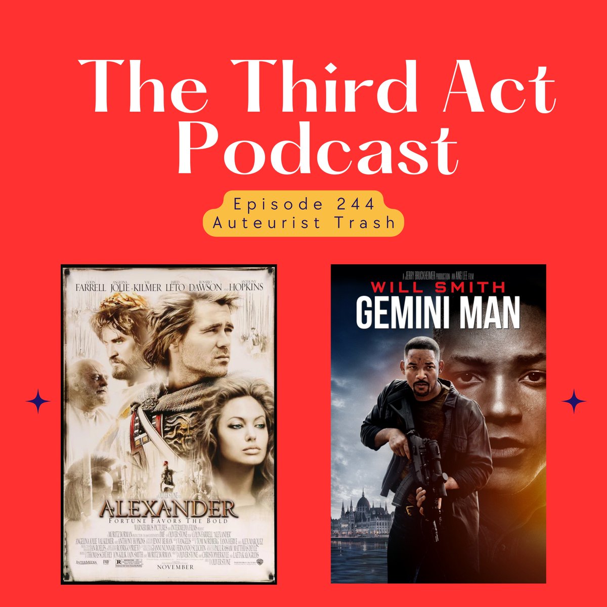 thethirdactpod's tweet photo. Episode 244 is now available! 
We discuss two high profile, mostly dismissed films from proven directors- Oliver Stone's ALEXANDER and Ang Lee's GEMINI MAN for a theme we are calling Auteurist Trash. Enjoy!

Check it out at https://t.co/mbYWmQq4En or wherever you get podcasts https://t.co/Ydm1V0ADSv