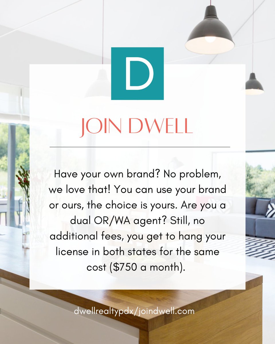 🚀 Join us! 🚀

We have always believed in building YOUR brand, not ours. People want you, not your brokerage, so if having your own brand is important to you, great!

👉 Learn More at: dwellrealtypdx.com/join-dwell/

#JoinDwell #RealEstateCareer #RealEstateAgent