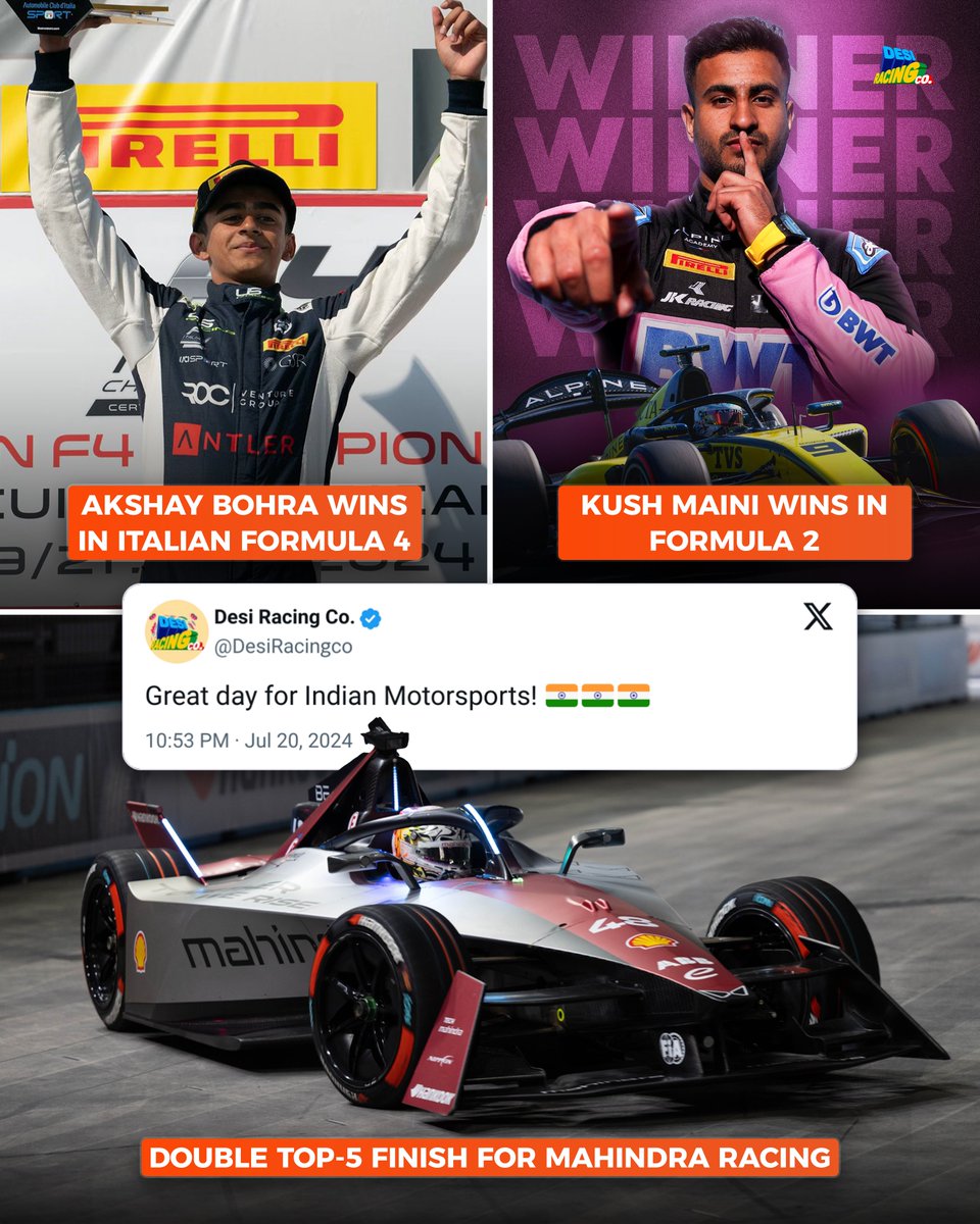 DesiRacingco's tweet photo. What a day for 🇮🇳 Indian Motorsports! 😍

- Kush Maini secures his first win in @Formula2!

- @MahindraRacing secures a double top 5 finish in London E-Prix!

- Akshay Bohra gets his first win in Italian Formula 4!

#IndiansinMotorsport #DesiRacingCo https://t.co/7Q78dMKYy3