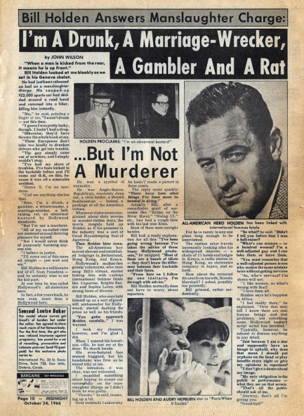 July 27, 1966: The actor William Holden, driving his Ferrari near Lucca, Italy, sideswiped a Fiat 500 driven by Valerio Novelli, 42, who lost control, crashed, and was killed. Holden was convicted of vehicular manslaughter, fined $500 and had his license suspended for 6 months.