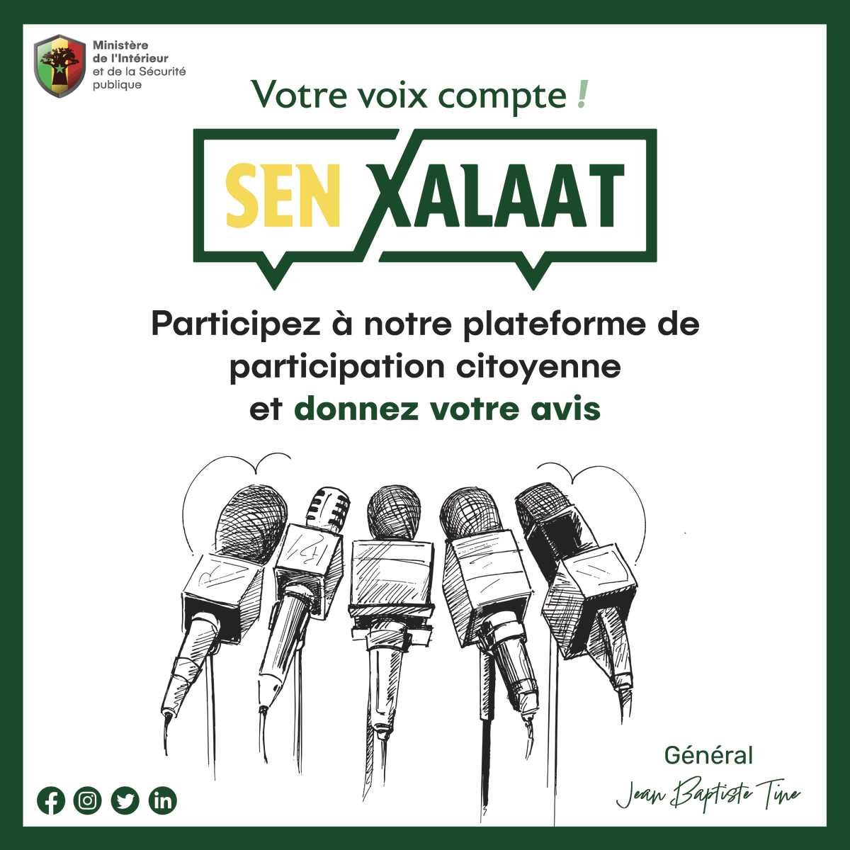 Lancement de la plateforme "SEN XALAAT" 📢

"SEN XALAAT" est pour vous, citoyennes et citoyens, afin de recueillir vos alertes, avis et suggestions pour améliorer nos services. Votre participation est essentielle pour construire ensemble un environnement plus sûr et plus