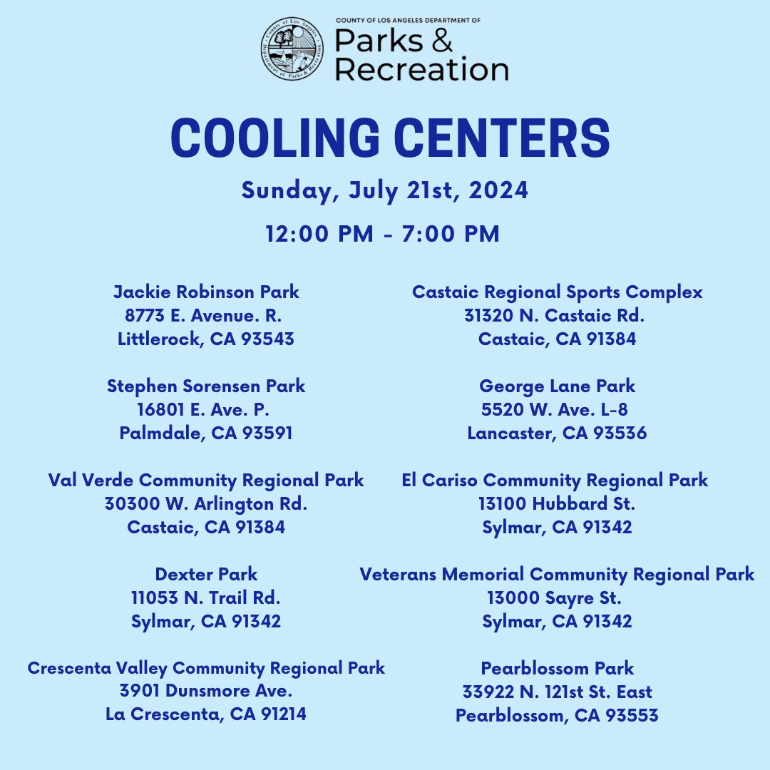 lacountyparks's tweet photo. 🌞 Beat the heat this Sunday! ❄️🧊

With temperatures rising, stay safe and cool at our designated cooling centers open at local LA County parks. These centers provide a refreshing escape from the heat and are free to use. Remember to stay hydrated and take care. https://t.co/uvPeCyll5b