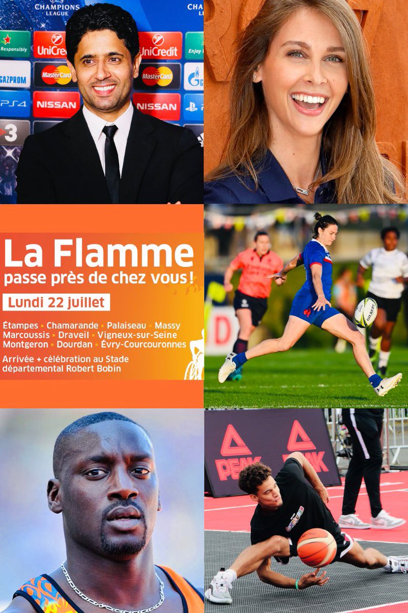 🔥🤝 5 personnalités, une seule équipe ! 

Nasser Al-Khelaïfi du #PSG, <a href="/ophmeunier/">Ophelie Meunier</a>, la meilleure joueuse de rugby à XV au monde <a href="/JessTremouliere/">Jessy Tremouliere</a>, le champion du monde de basket freestyle <a href="/brisco_s3/">BRISCO 🐍🖤</a>  et celui du 110m haies <a href="/ladjidoucoure7/">ladji doucoure</a> : ils porteront la Flamme en #Essonne !