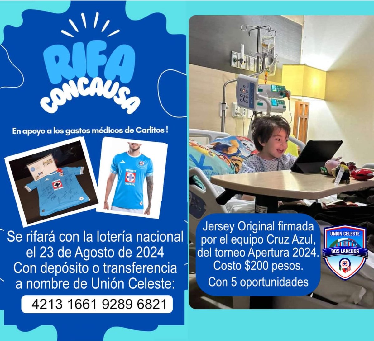¡PLAYERA CON CAUSA! 
Nombre: Carlitos Rodríguez Guerra
Edad: 3 años.
Padres: Carlos y Michell
Su diagnóstico: 3 tumores en su cabecita y 7 su columna, con operaciones han conseguido retirarle 2 de su cabecita y 4 en su columna.
Petición: Se considera apoyar
<a href="/CruzAzul/">CRUZ AZUL</a>