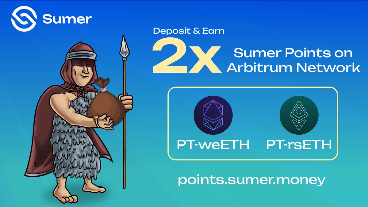 SumerMoney's tweet image. 🚀 Insane APYs + Double Points on @arbitrum! 🔥

Maximize your yields with @SumerMoney:
🏆 PT-weETH deposits earn 182.92% APY! 
🏆 PT-rsETH deposits rake in 61.18% APY!

PLUS: Earn 2X Sumer Points on all deposits for early birds only!

💯 Triple win: High APY + Sumer Points +…
