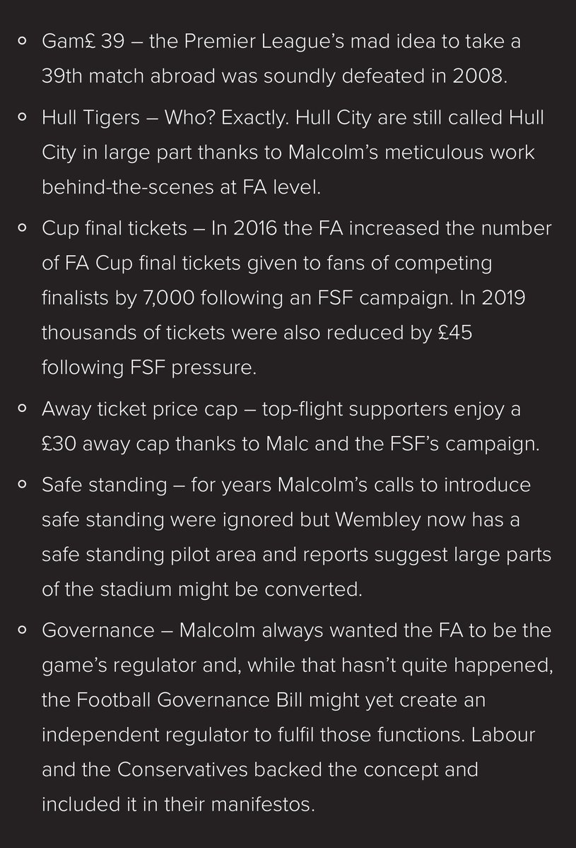 henrywinter's tweet photo. The achievements of outgoing @WeAreTheFSA⁩ chair ⁦@MalcolmJClarke⁩ are huge. Listed by fans’ group ⬇️ Malcolm’s passion for the game and for fans’ issues is legendary. Congrats to Malcolm on his 22 years &amp; good luck to the excellent choice as his successor @tomjgreatrex https://t.co/7QLMWqjemO