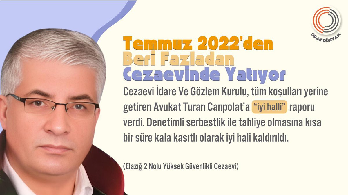 AvukatCanpolat İçinAdalet
Temmuz 2022'den beri fazladan cezaevinde yatıyor cezaevi idare ve gözlem kurulu tüm koşulları yerine getiren avukat Turan Canpolat'a iyi hali raporu verdi.Tahliye olmasına kısa bir süre kala kısıtlı olarak iyi hali kaldırıldı.

#KibrisBarisHarekati Yemen