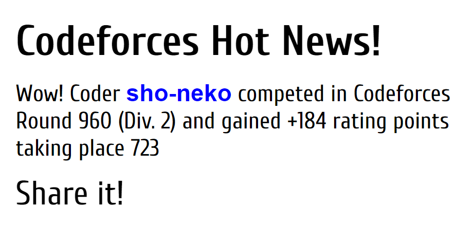 shocuber's tweet photo. Wow! Coder sho-neko competed in Codeforces Round 960 (Div. 2) and gained +184 rating points taking place 723Codeforces Hot News!

Share it!
https://t.co/rKFcfohMjD https://t.co/0vC6ksE4A4