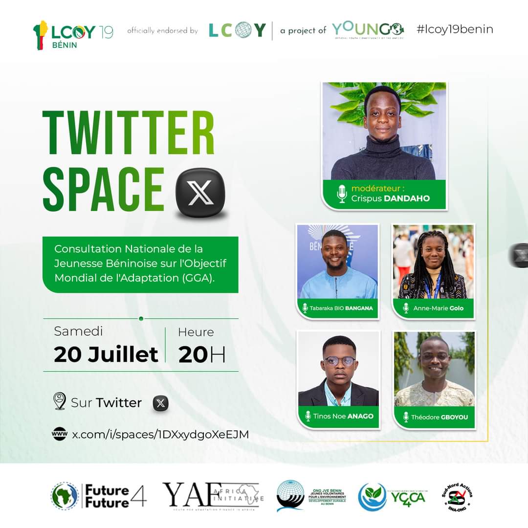 YC4CA1's tweet photo. 📢 Ne manquez pas notre Twitter Space ce soir à 20h ! Rejoignez-nous pour discuter des volets thématiques et du GGA avec nos jeunes délégués. 

🔗 https://t.co/V3LUzL8pcY

#PreLCOY19Benin #LCOY19Benin #JeunessePourLeClimat #ActionClimatique #Team229 #COP29 https://t.co/lJr2z08x9v