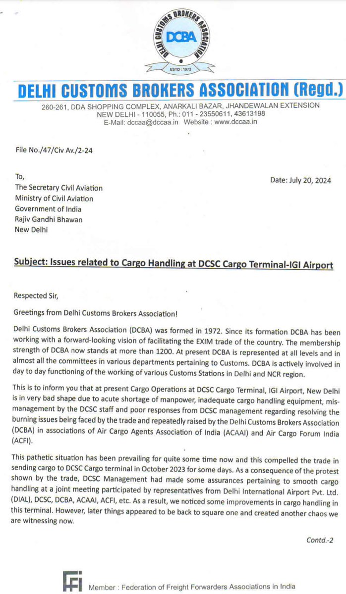 KailashChandMi6's tweet photo. Respected Civil Aviation Minister

Please find enclosed a representation submitted on behalf of Delhi Customs Brokers Association

DCSC cargo handling operations are currently in a very poor state, please resolve this a Issue
@JM_Scindia @mohol_murlidhar @avinashrazdan @dcbadelhi https://t.co/KPk0i6kDgW