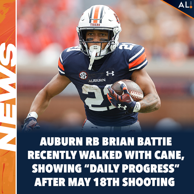 The family of Auburn running back Brian Battie posted a promising update to its GoFundMe campaign on Saturday.

Battie, who is recovering from being shot in the head, recently took his first steps with a cane.

“I am overjoyed to share an inspiring moment in Brian’s journey.