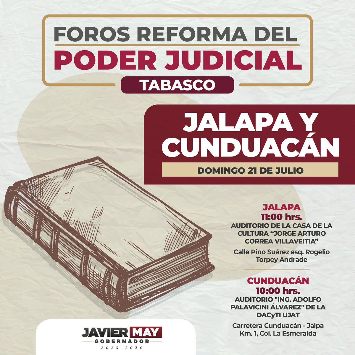 TabascoJavier's tweet image. Mañana 21 de julio continúan los Foros sobre la reforma al Poder Judicial, los invito a participar en las sedes de #Jalapa y #Cunduacán.
