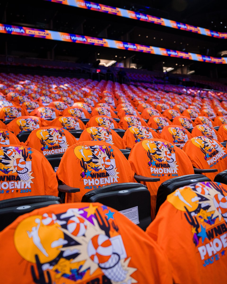 PhoenixMercury's tweet photo. All 17,000 seats with a special t-shirt awaiting every fan in the building! 

Designed by Kelly Malka, who was inspired by the vibrant energy of Phoenix and the dynamic spirit of women's basketball. https://t.co/JVkko5LfnL
