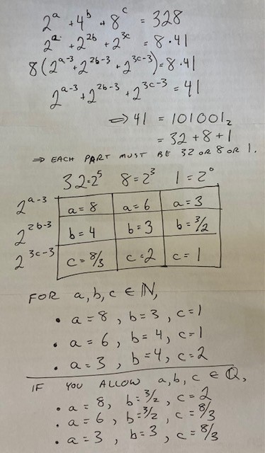 chris_harrow's tweet photo. @alexanderdrspan @mehrdadbas72335 Three answers for a,b,c in N.  
Three more answers for a,b,c in Q.
Infinite solutions for a,b,c in R. https://t.co/eY1FQpN9ah