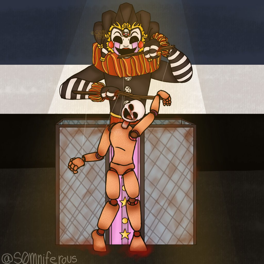 S0mniferous's tweet photo. TW: blood
"Come one, come all, see the magnificent puppet master!"
She'd surely love to see you in the audience.
#bloodynights #Fnaffangame https://t.co/8FSJZB26iN