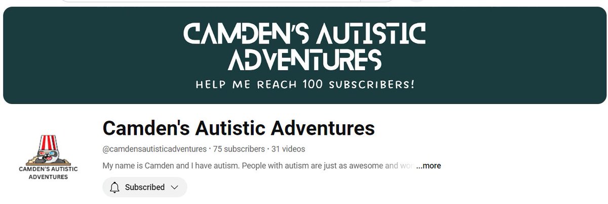 gregapruett's tweet photo. We are trying to help our autistic son Camden (11 years old) get his first 100 subs on YT. He needs 20 more. 
He is very creative. Yes, we screen ahead of time. I love this kid, no matter how tough it is at times. #autism #AutismSpectrumDisorders 
https://t.co/feg6UuTJS1 https://t.co/K77Zo82hEN