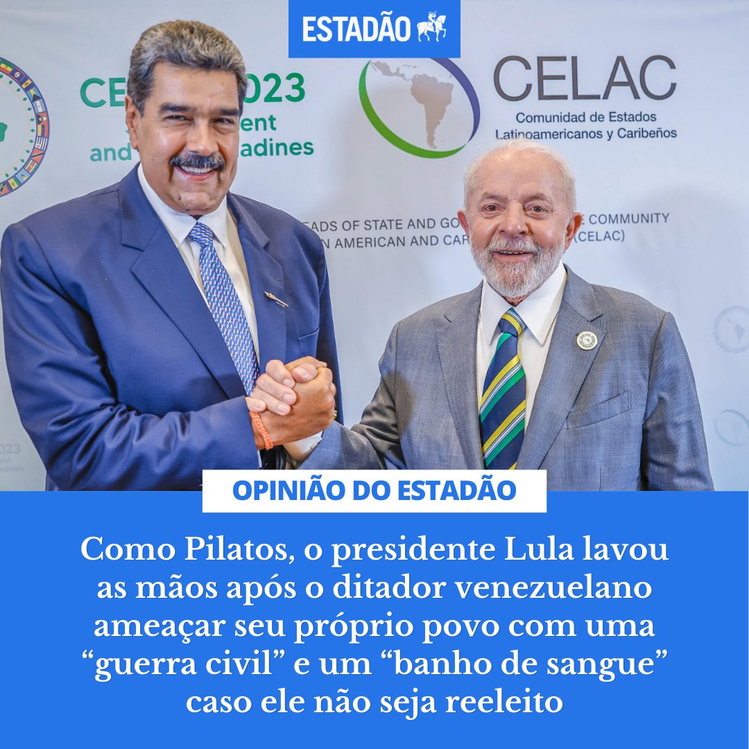 Estadao's tweet image. EDITORIAL: ‘A ameaça do companheiro Maduro’ – O presidente da República vilipendia a honrada tradição diplomática brasileira, fundada na defesa da democracia e dos direitos humanos (@opiniao_estadao) &amp;gt; bit.ly/3y7b3l6

📷 Ricardo Stuckert/ Presidência da República