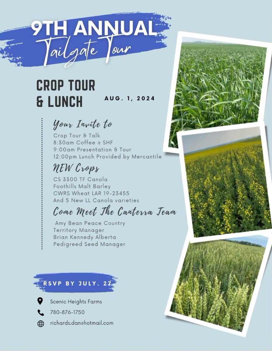 AgrowAmy's tweet photo. Come join us at Scenic Heights for the 9th Annual Tailgate tour.  Showcasing new pedigreed seed and canola varieties from Canterra Seeds. #CanterraSeeds https://t.co/GmCAl4VDfv