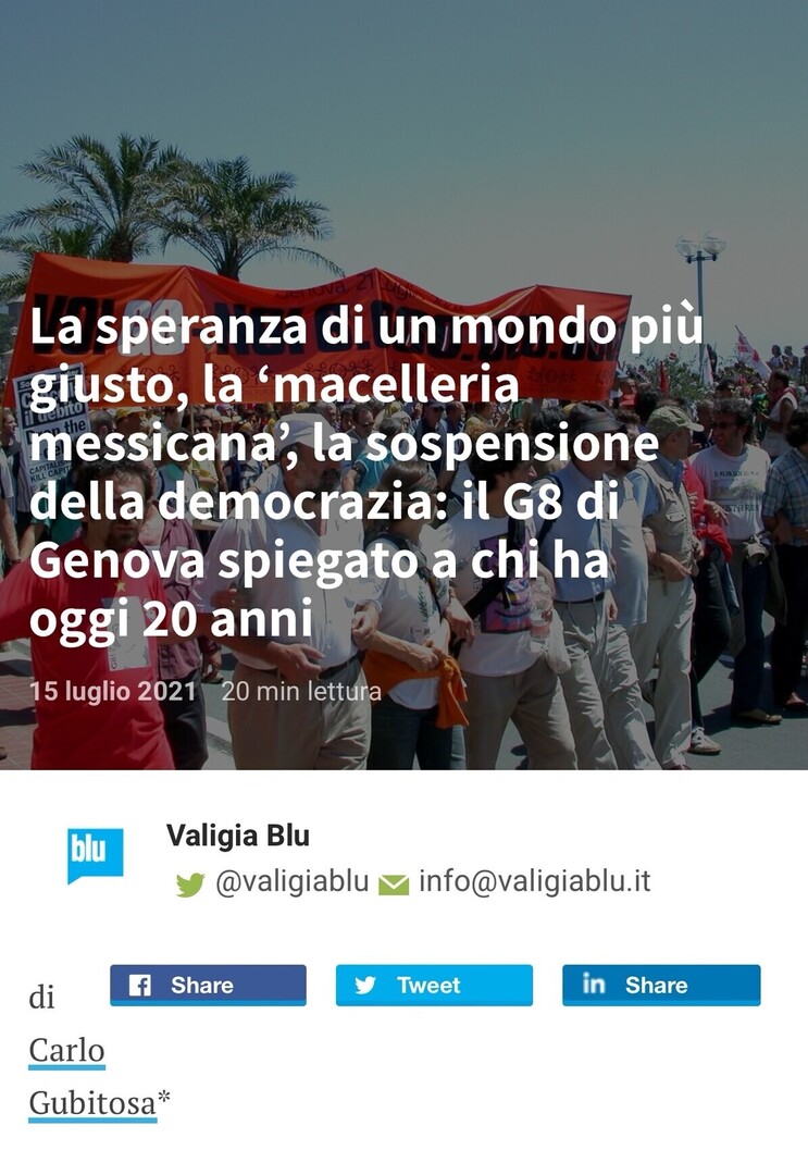 carlogubi's tweet photo. La speranza di un mondo più giusto, la ‘macelleria messicana’, la sospensione della democrazia: il G8 di Genova spiegato a chi ha oggi 20 anni.
Ne ho scritto su @valigiablu 
https://t.co/gaSXi4W7Y5
 https://t.co/FRUrdn0M9L https://t.co/3V3KCzQdvp