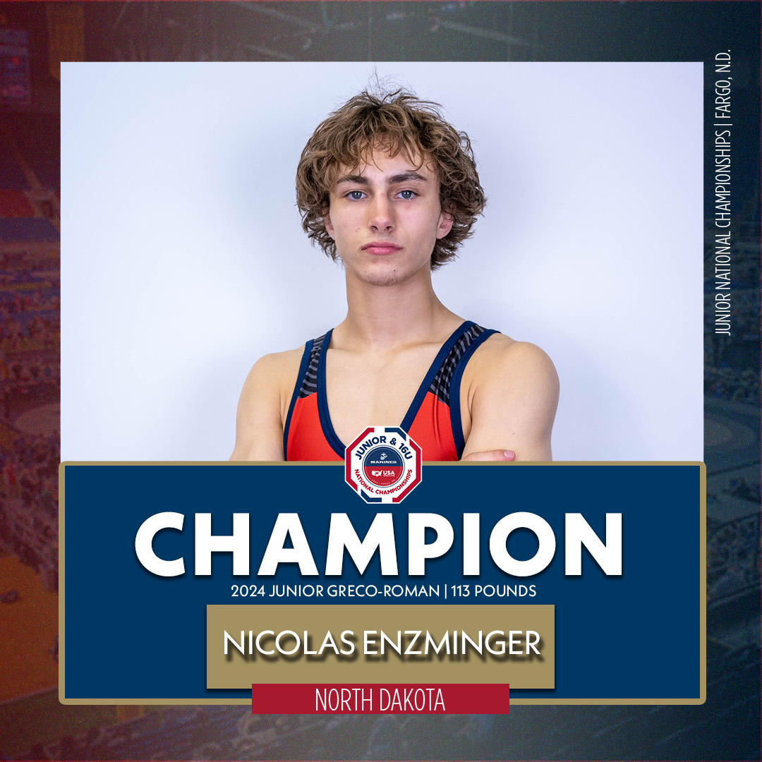 USAWrestling's tweet photo. JR GR 113: Nicolas Enzminger (ND) pin Ezekiel Witt (KS), 3:46

Enzminger comes back to win the title at 113 pounds! #Fargo2024 @USMarineCorps https://t.co/t0gAemwWAT