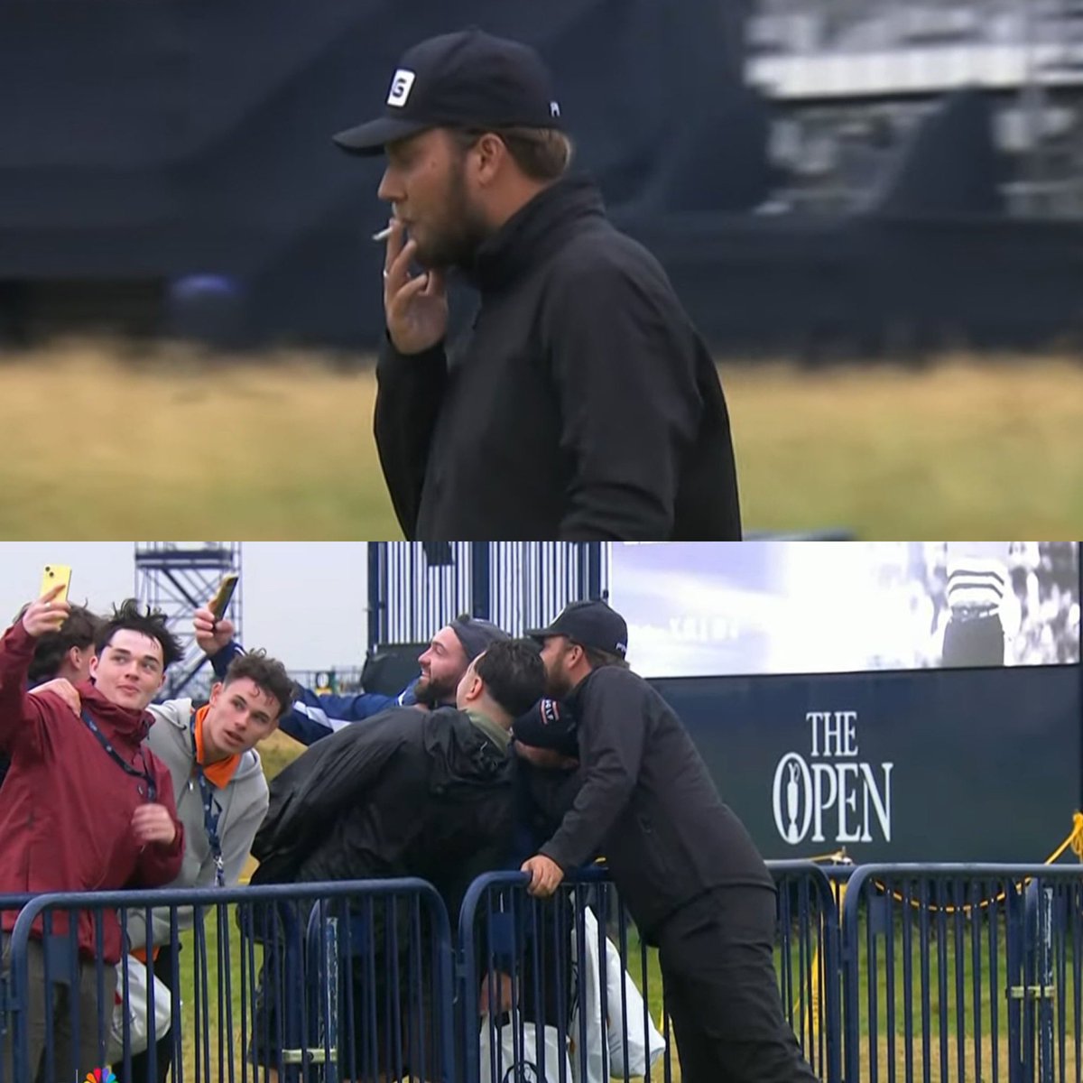 NUCLRGOLF's tweet image. 🚨🚬 👀 Leading the Open, Dan Brown ripped a dart as he walked up 18 then took a selfie with fans before making his way to his ball. LEGEND (via @KylePorterCBS)