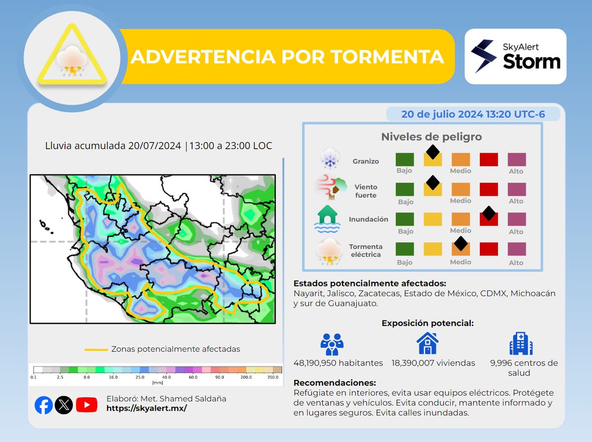 SkyAlertStorm's tweet photo. ⚠️🟡⛈️ADVERTENCIA por continuación de #lluvias y #tormentas en #Nayarit, #Jalisco, #Zacatecas, #EdoMéx, #CDMX, #Michoacán y #Guanajuato.

Las #inundaciones se hacen presentes principalmente en #Guadalajara y #Zapopan desde temprano y el panorama continuará con las próximas lluvias que se intensificarán desde las 15 h (local).

¡Sigue tomando precauciones por riesgo de inundaciones urbanas y crecidas de ríos y arroyos!

📽️: @Trafico_ZMG