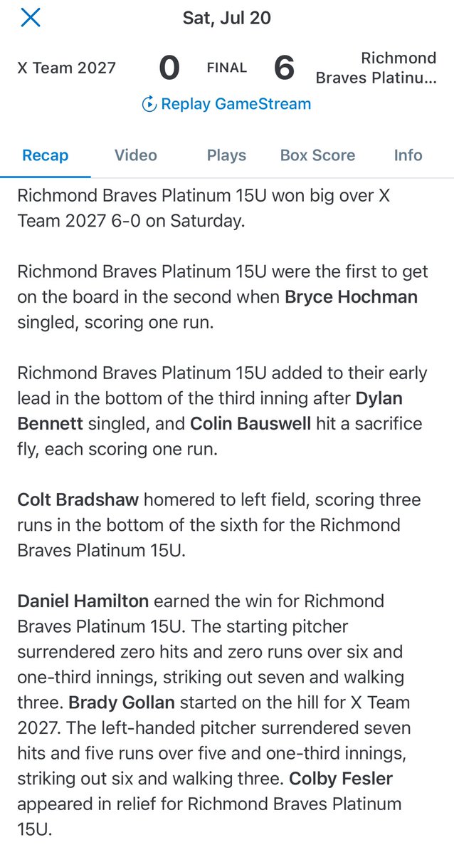 RichmondBraves's tweet photo. Big time first round no hitter for 2027 Daniel Hamilton!

The boys are moving on‼️ https://t.co/MinJcwWmXq