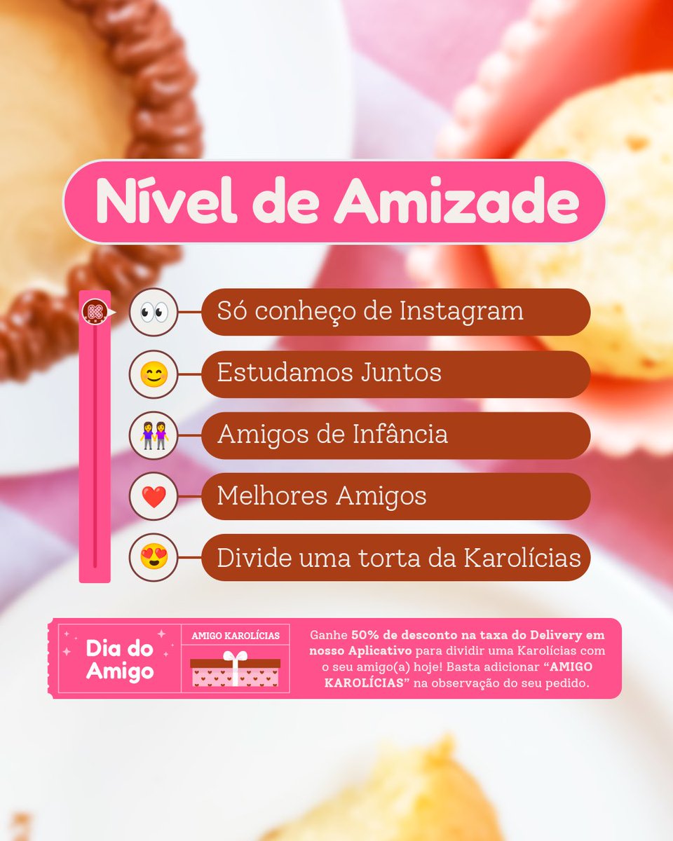 karolicias's tweet photo. Manda esse tweet pra um amigo que ta te devendo uma Karolícias hoje, no Dia do Amigo 🩷

👉 Aproveite e ganhe hoje 50% de desconto na taxa do delivery do App Karolícias*! Basta adicionar “AMIGO KAROLÍCIAS” na observação do seu pedido.

*Válido apenas no App Karolicias. https://t.co/6pIUVNiIrG