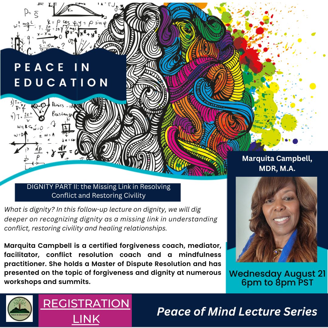 PceNEducation's tweet photo. Peace of Mind Lecture Series- Wednesday July 24th at 6pm PST on the importance of dignity in conflict resolution. Sign up at this link: https://t.co/j6ddNM6cz5

To become a volunteer with us, please fill out this volunteer application: https://t.co/1VjU6QZHqL https://t.co/DVDZ0GacLw
