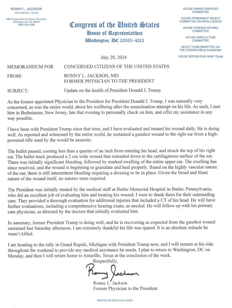 AlecAHernandez's tweet image. Trump shares a letter from his former physician, Ronny Jackson on Truth Social: 
-Jackson met with Trump in NJ the night of the assassination attempt 
-Bullet made 2cm wide wound
-Staff at Butler Memorial performed a CT scan of Trump’s head 
-Trump is “doing well”