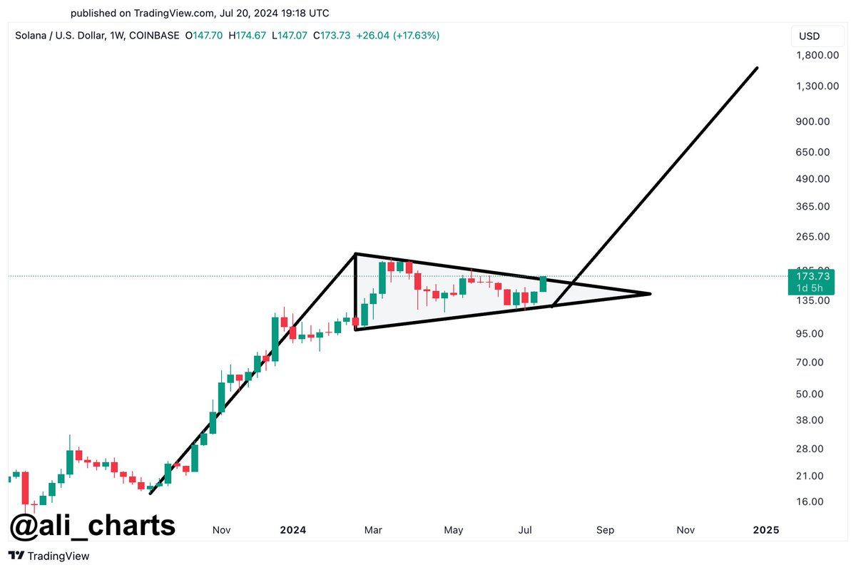 alicharts's tweet photo. #Solana is eyeing $1,000! Early signs of a breakout from a bull pennant suggest a potential 900% rally ahead. https://t.co/DuFJF4h9dX