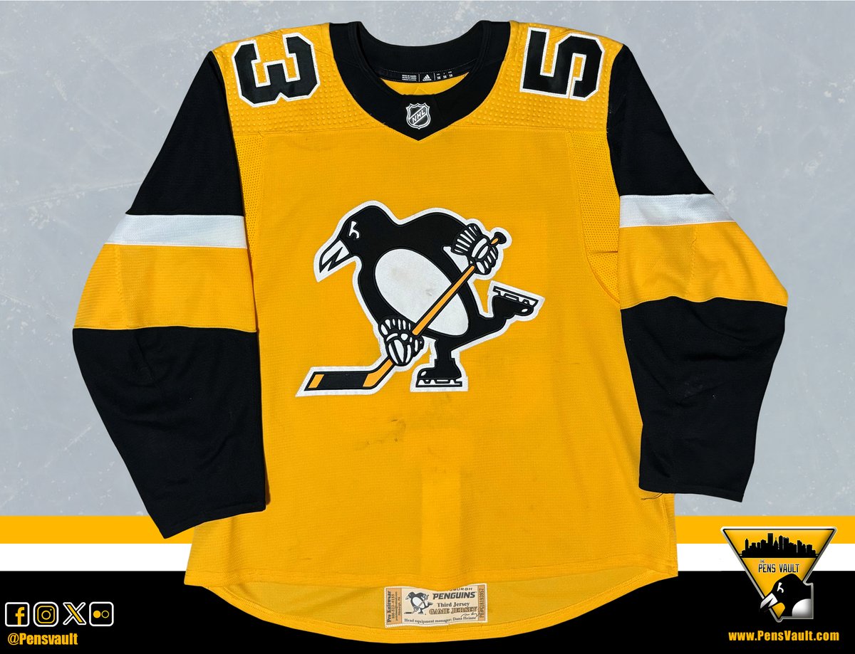 PensVault's tweet photo. Teddy Blueger 2018-19 Alternate Set Game Worn Jersey. 
Blueger wore this jersey for 6 games including his NHL Debut on 1/30/19 vs Tampa Bay. In 6 games he scored 1G and added 4 PIM's.  #LetsGoPens