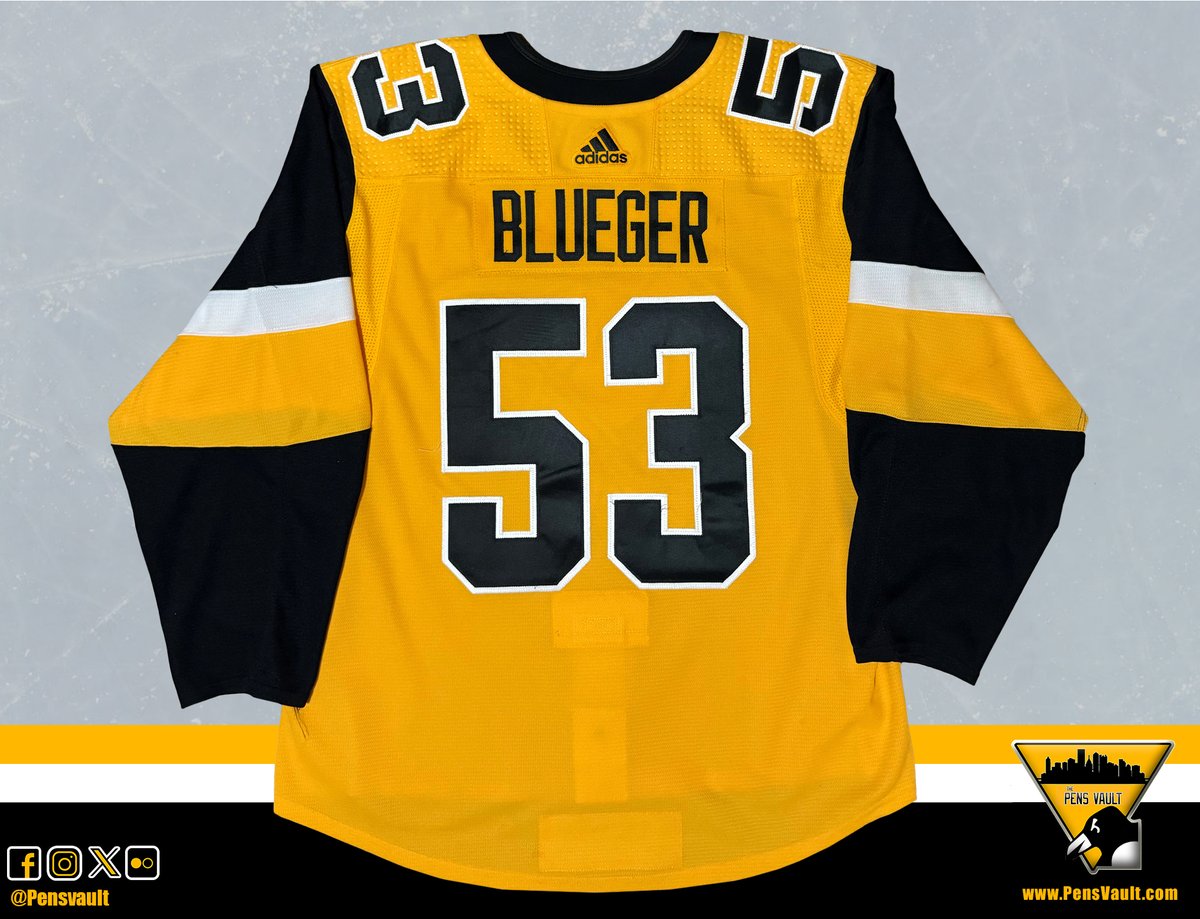 PensVault's tweet photo. Teddy Blueger 2018-19 Alternate Set Game Worn Jersey. 
Blueger wore this jersey for 6 games including his NHL Debut on 1/30/19 vs Tampa Bay. In 6 games he scored 1G and added 4 PIM's.  #LetsGoPens
