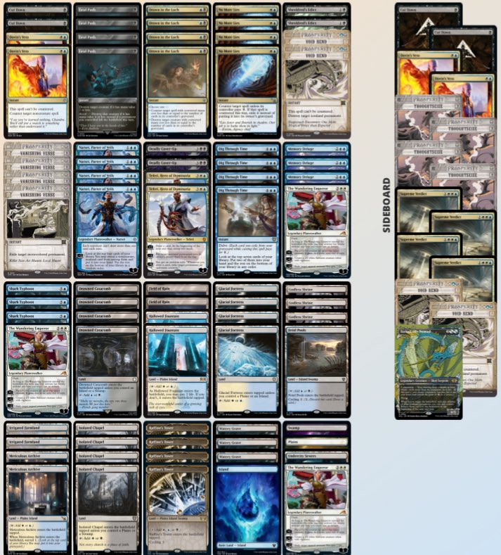 Esper Control at virtually the last RCQ this season:

UW Control 🏆
Amalia 🏆🏆
Creativity 🏆☠️☠️
Phoenix 🏆🏆
UW Control 🏆🏆
UW Control 🏆🏆

Top 8
Niv to Light ☠️🏆🏆
Phoenix ☠️☠️

Pretty happy with the deck, and no shame in losing to <a href="/AlexRohanmtg/">Alex Rohan</a>.
mtggoldfish.com/deck/visual/63…
